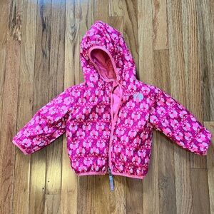 The North Face Reversible Pink Quilted Infant Jacket with Owl Pattern